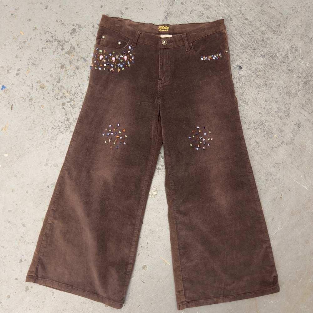 Elite Jeans Brown Corduroy Wide Leg Embellished Stone Bead Pants Size 11/12